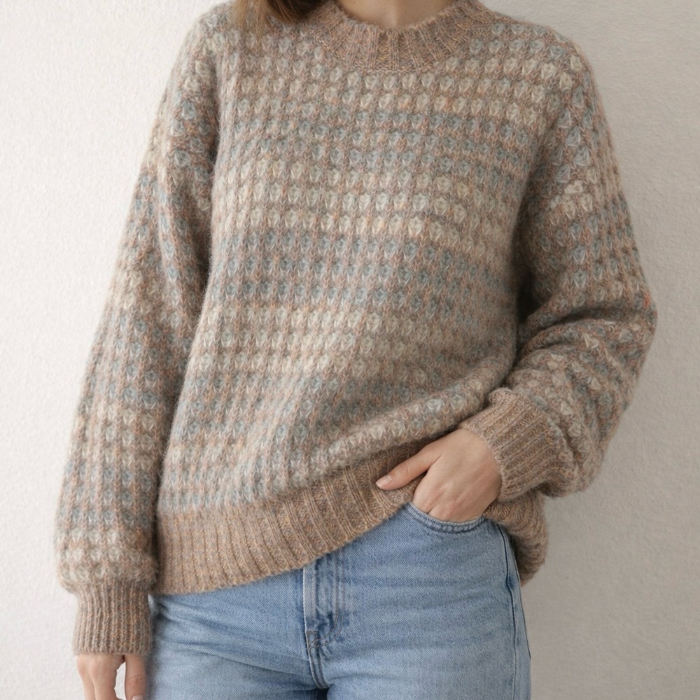 Mystree Checkered Knit Sweater - Taupe and Sky Blue